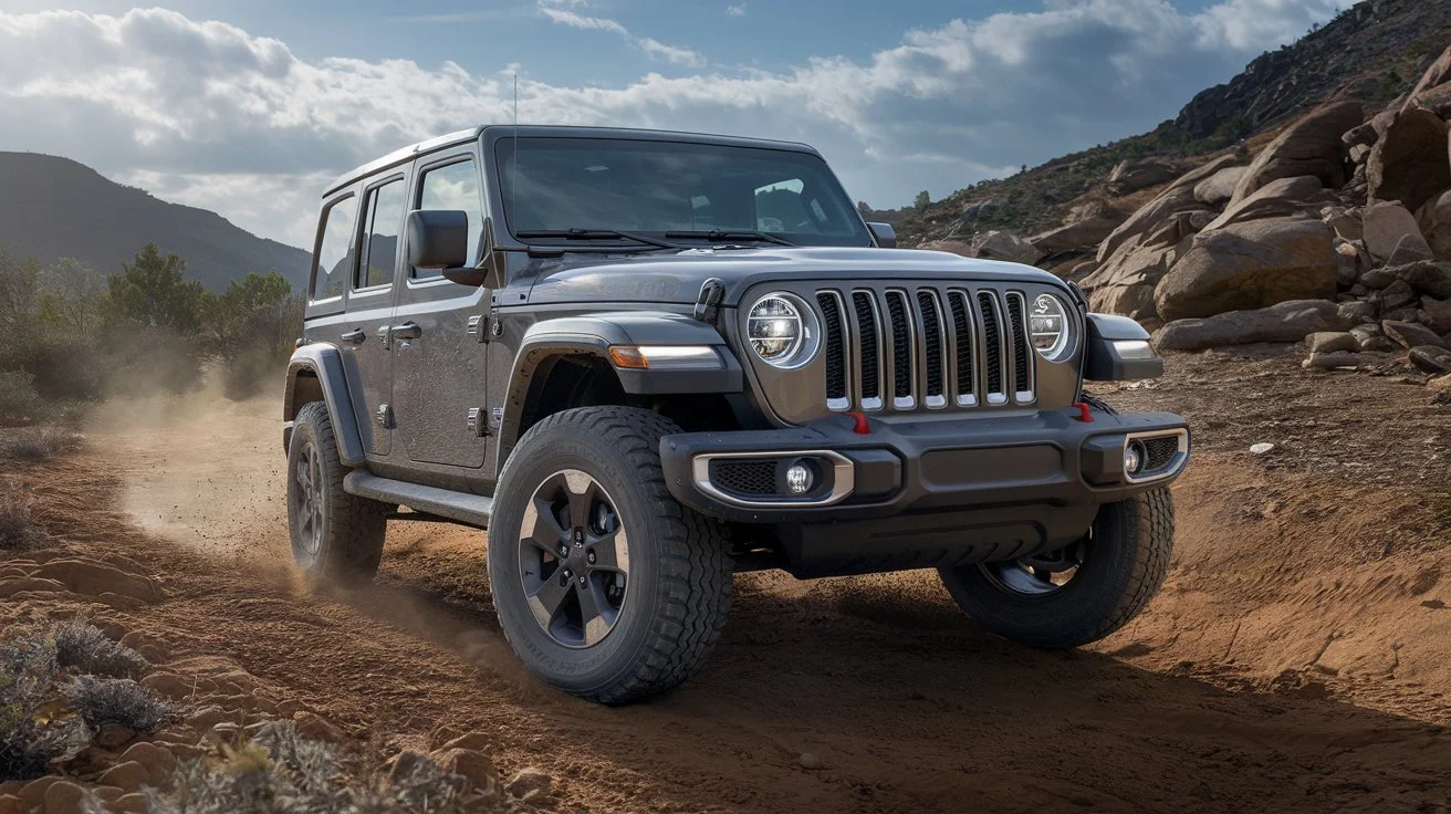 A Jeep Wrangler navigating a rugged, off-road trail, with mountains and rocky terrain in the background.