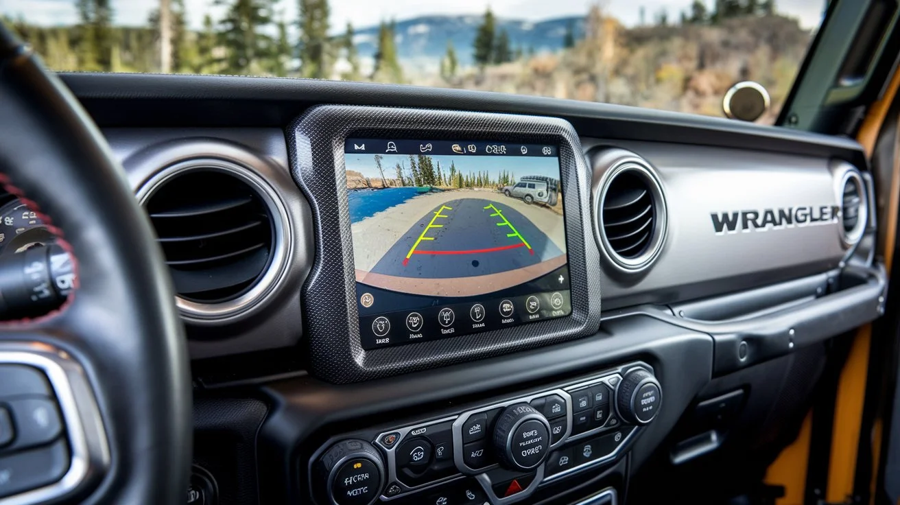 A close-up view of a Jeep Wrangler dashboard showing the Uconnect display screen with the ParkView Backup Camera active.