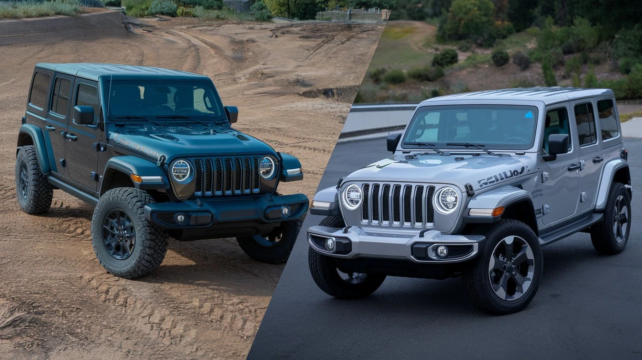 A high-quality image showing a side-by-side view of two Jeep Wranglers in Sahara Altitude and High Altitude trims parked outdoors.