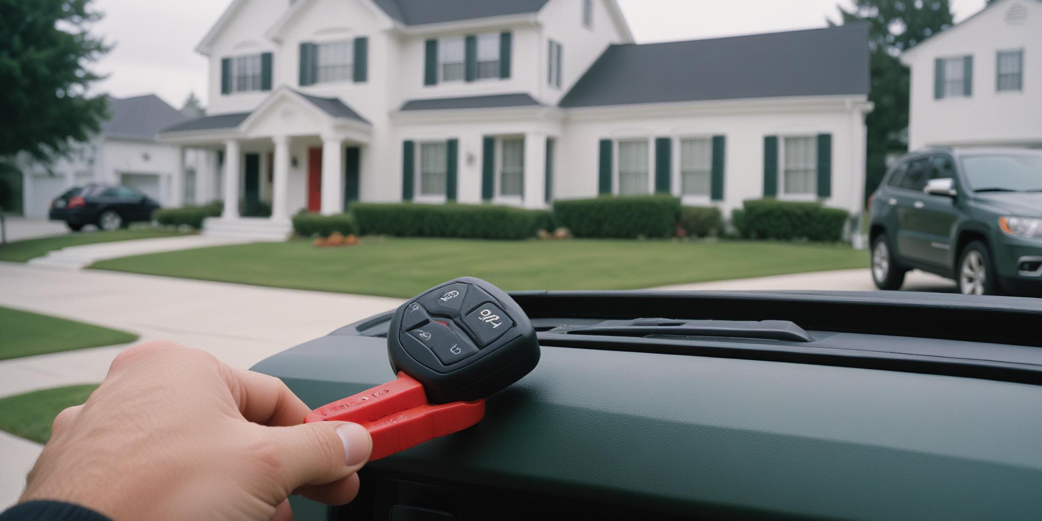 A modern Jeep SUV parked in a driveway with a close-up view of a key fob