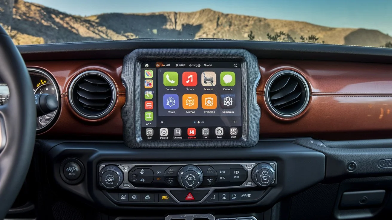 A modern Jeep Wrangler dashboard displaying the Uconnect App interface on a touchscreen.