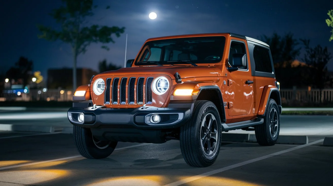 an image of a modern Jeep parked in a dimly lit parking lot at night.