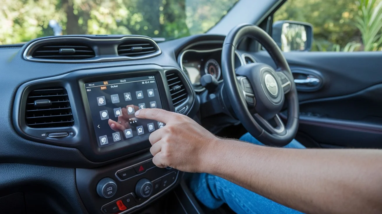 A Jeep interior focused on the touch screen display, showing a glitchy or frozen screen.