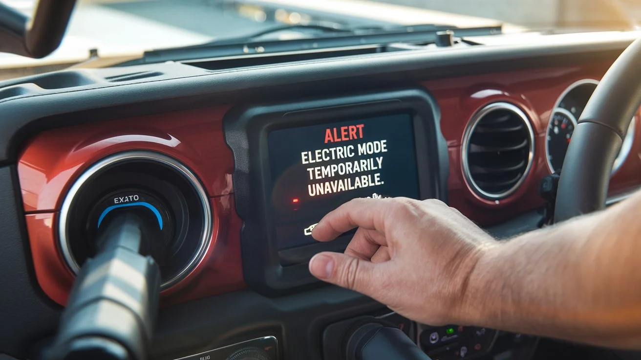 A close-up view of a Jeep 4xe dashboard showing the alert message, Electric Mode Temporarily Unavailable.