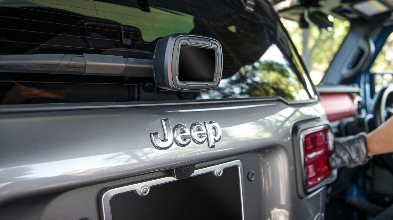 A close-up view of a Jeep’s rear backup camera