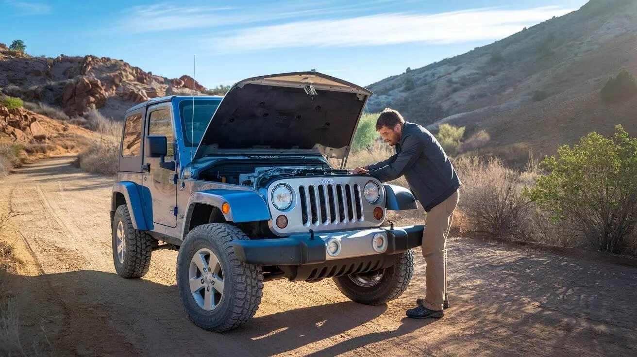 A rugged Jeep parked on a sunny dirt road in a scenic, hilly landscape.