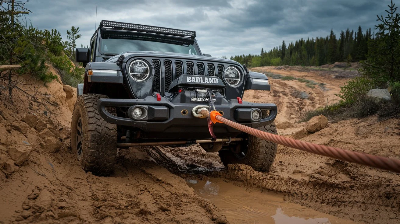 A rugged off-road Jeep stuck in a muddy trail