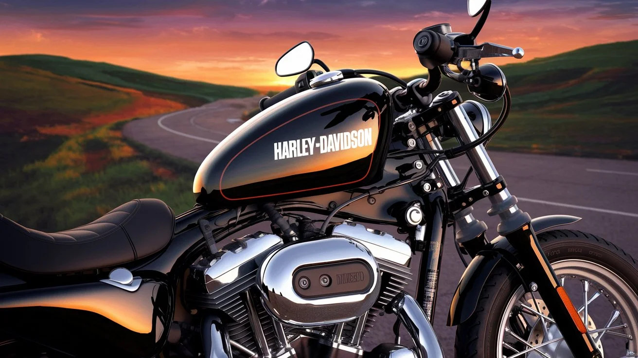 An artistic illustration of a Harley-Davidson Sportster motorcycle parked on a scenic open road during a sunset