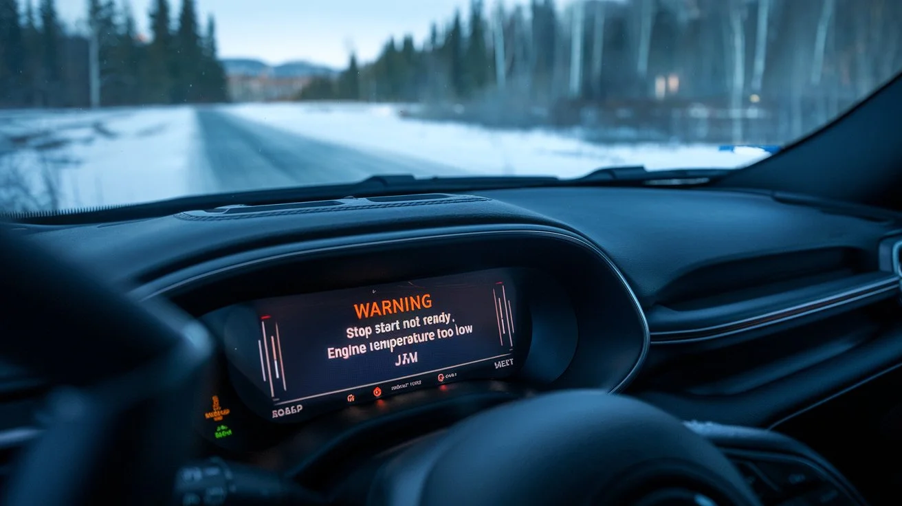 an image of a Jeep dashboard with a warning message displayed that reads “Stop Start Not Ready Engine Temperature Too Low.