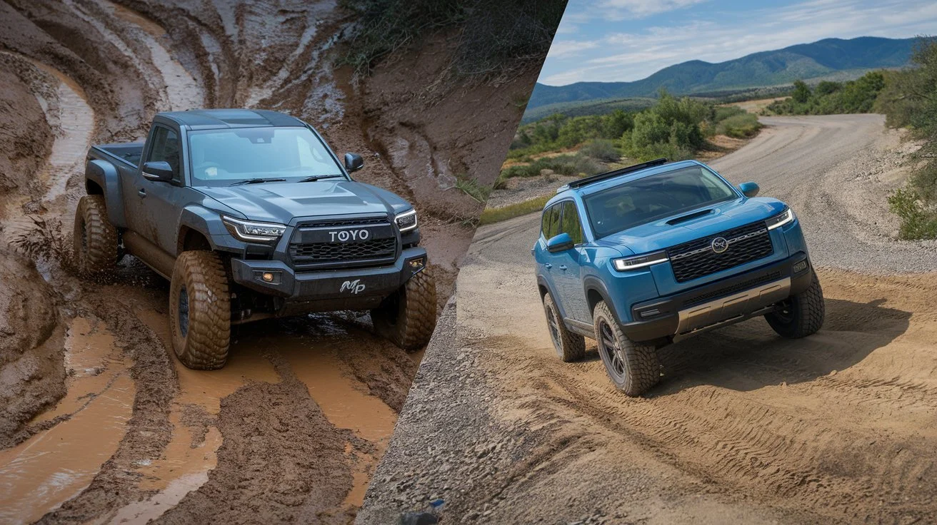 an image comparing the Toyo MT and Nitto Trail Grappler tires on two different off-road vehicles.