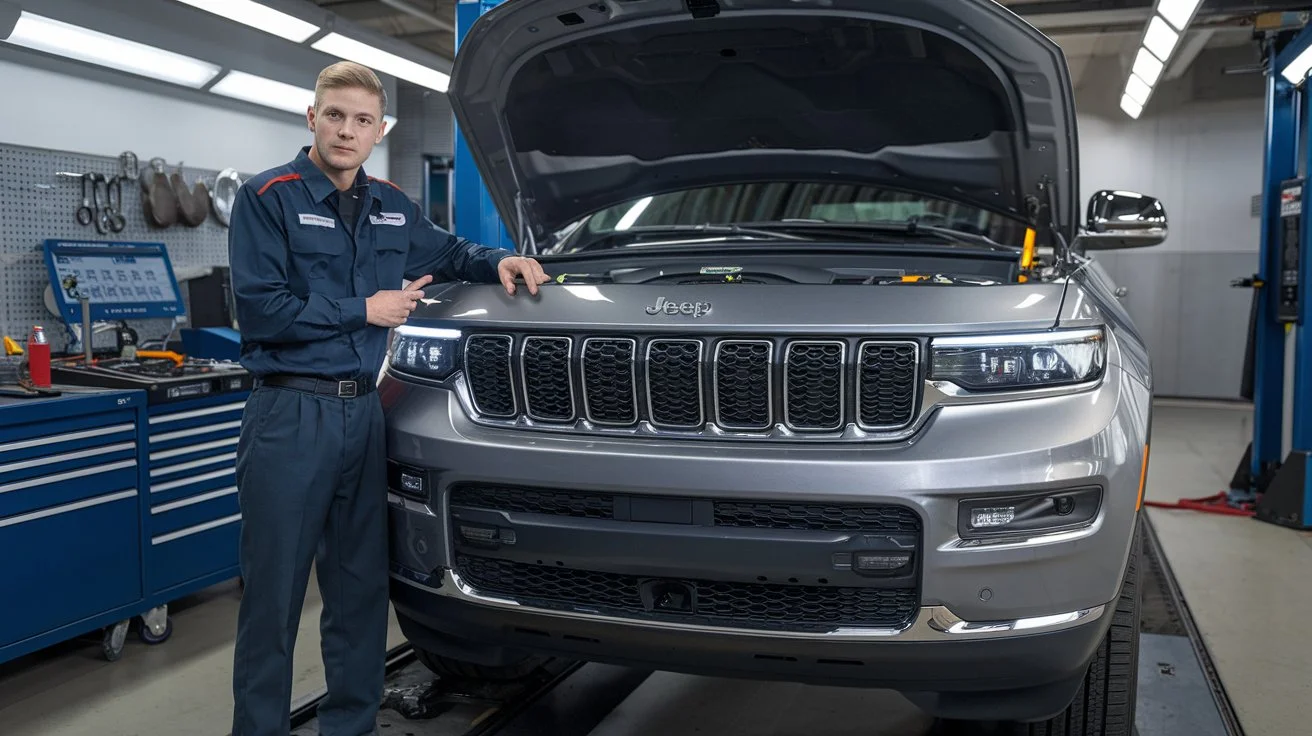 an image of a Jeep Grand Cherokee in a professional mechanic setting.