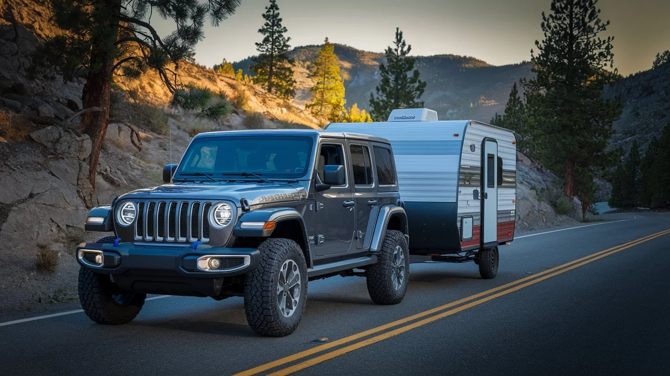 an image of a Jeep Wrangler 392 towing a compact camper trailer on a scenic mountain road.