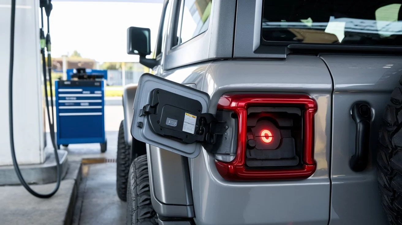 an image of a Jeep Wrangler parked at a gas station,