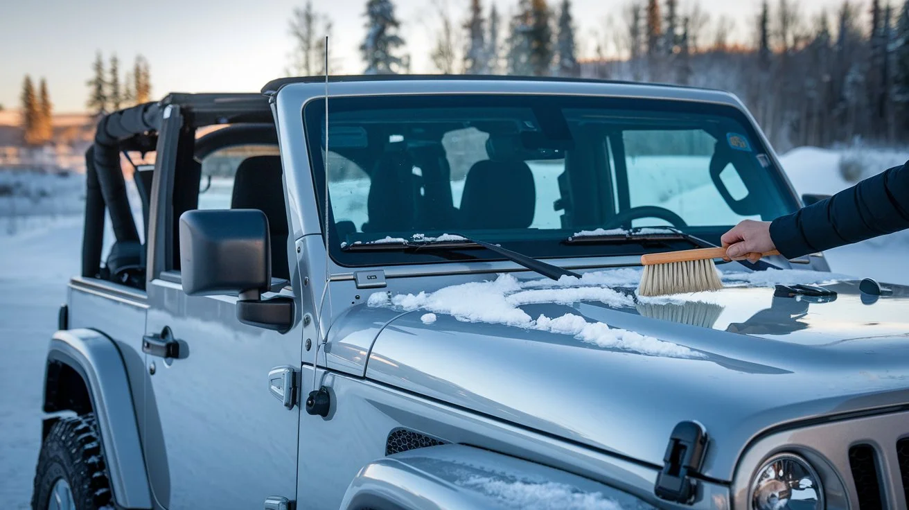 an image of a Jeep with the Sky One-Touch Power Top partially open in a winter setting.