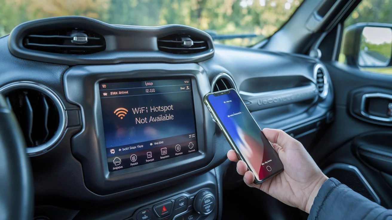 an image of a Jeep's Uconnect infotainment screen displaying a WiFi Hotspot Not Available message.