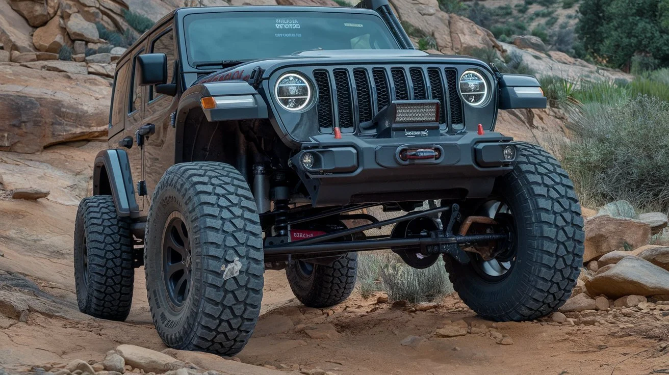 an image of a lifted Jeep with large off-road tires on a rugged trail