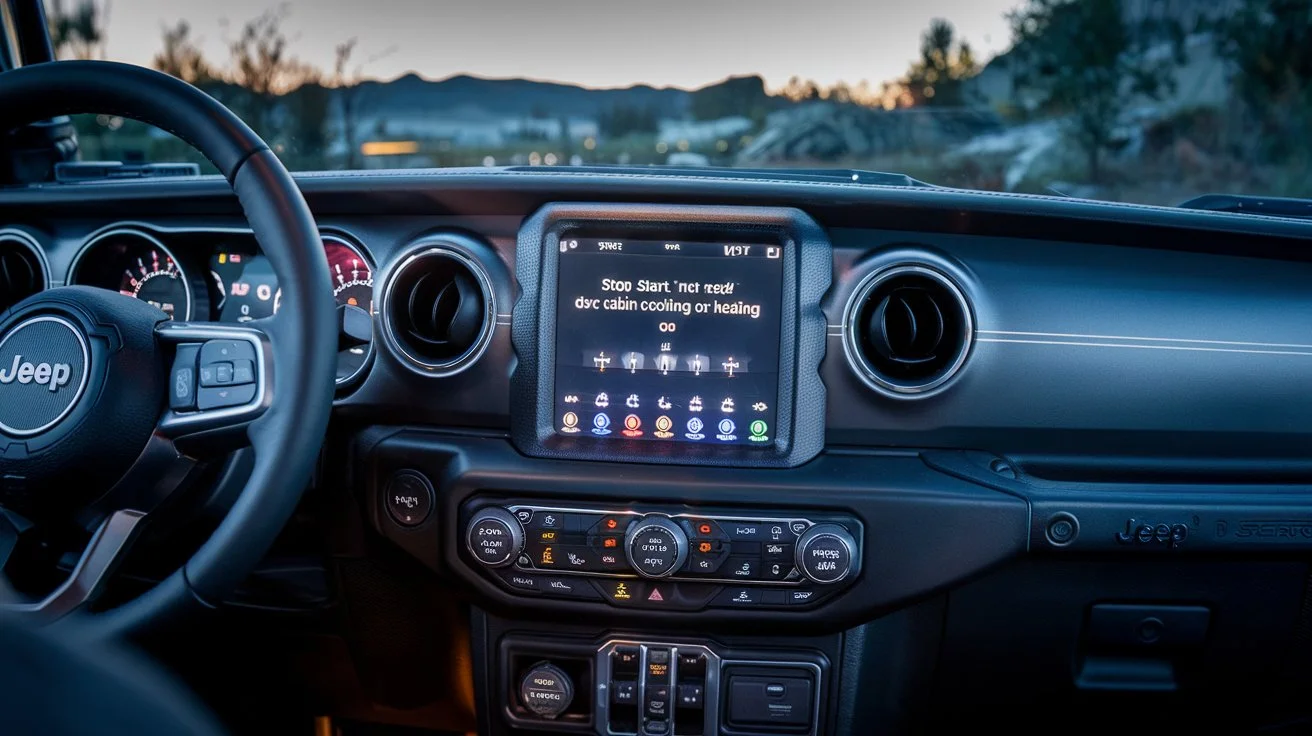 an image of a modern Jeep dashboard with the message Stop Start Not Ready Due to Cabin Cooling or Heating displayed