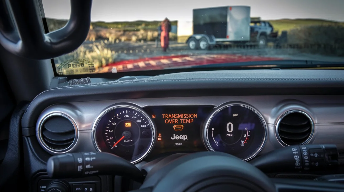 an image showing a Jeep Commander dashboard with a Transmission Over Temp warning light illuminated.