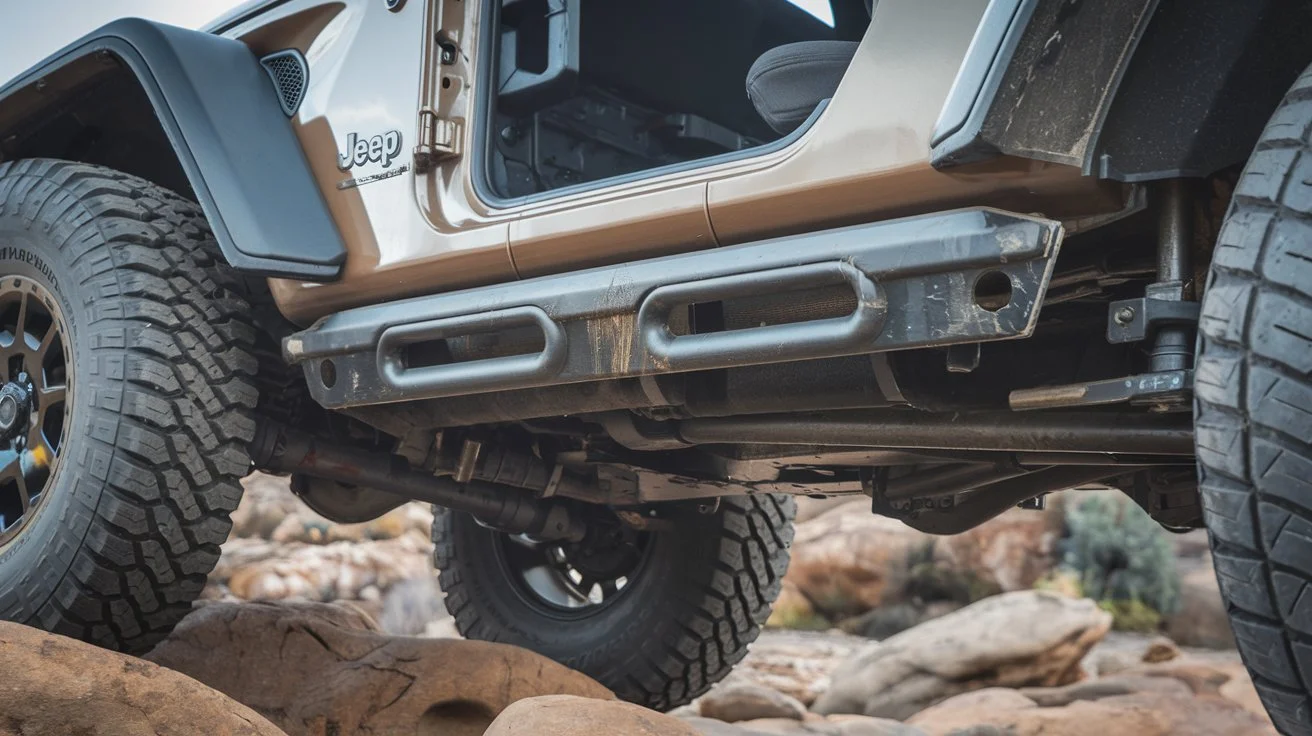 an image showing the underside of a rugged Jeep with a focus on the rocker panels