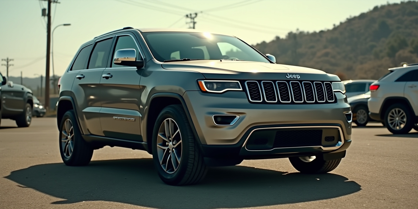 A realistic, high-quality image of a Jeep Grand Cherokee viewed from a three-quarter angle