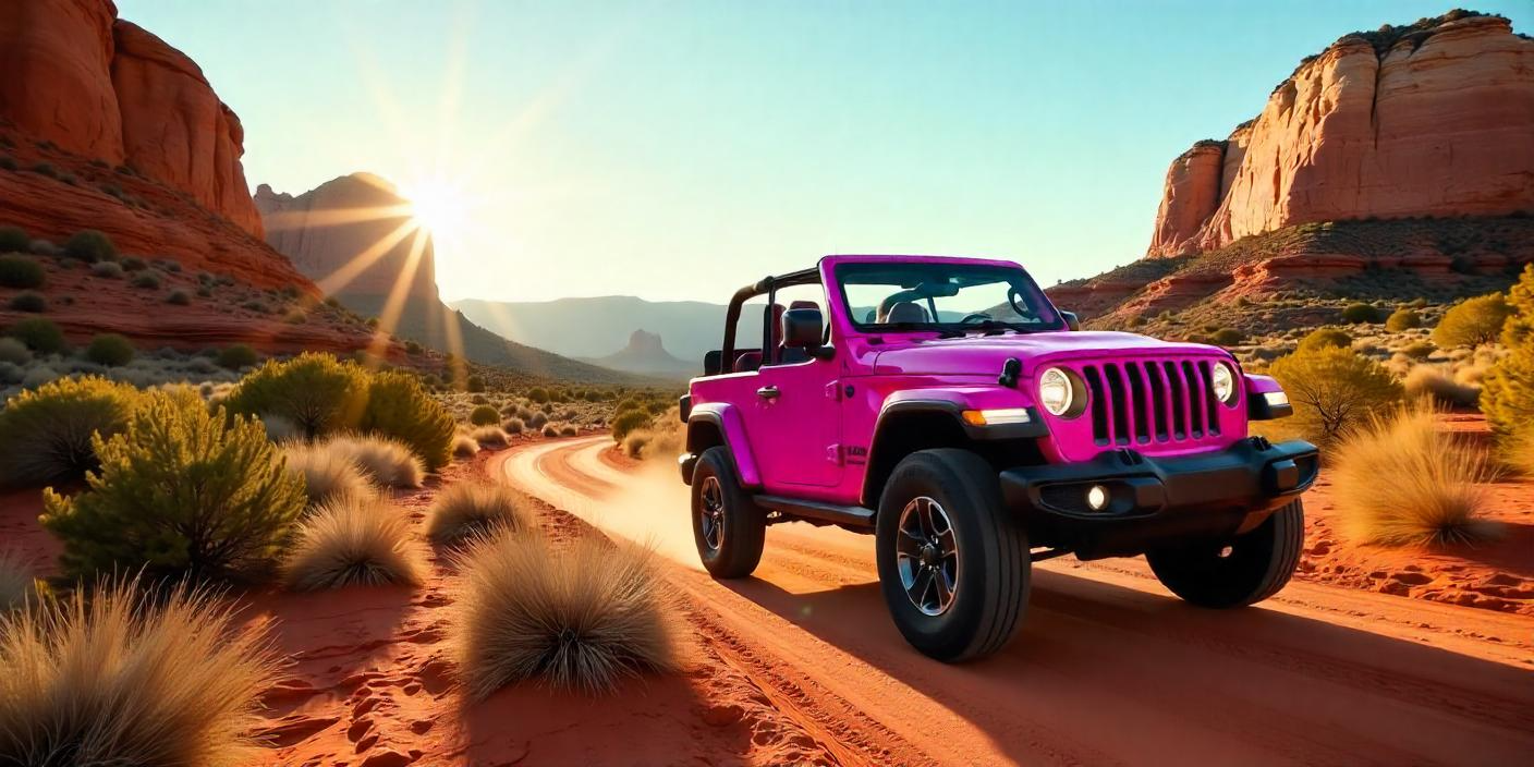 A vibrant pink open-top jeep confidently navigating a rugged trail