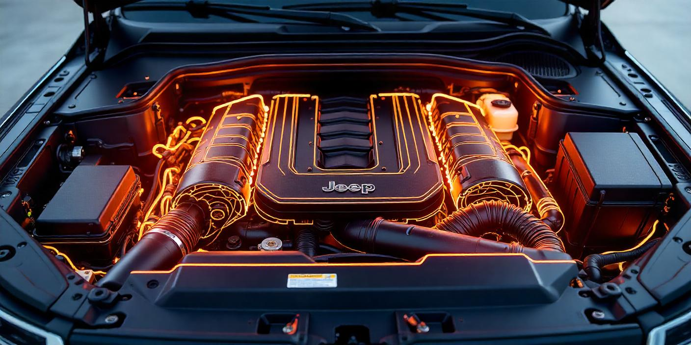a high-resolution, detailed technical illustration of a 2017 Jeep Grand Cherokee Overland engine bay.