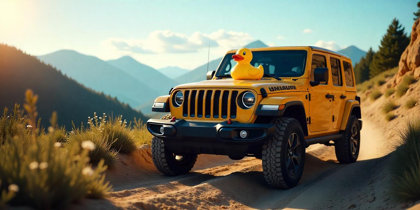 a high-resolution digital artwork of a rugged Jeep Wrangler parked on a dirt trail in a scenic, off-road setting.