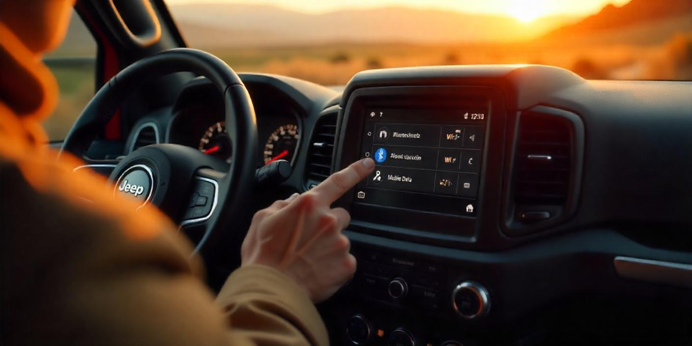 a photo-realistic, highly detailed image of a Jeep's interior dashboard focusing on the Uconnect system.