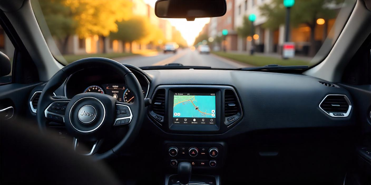 a photorealistic image of a Jeep Compass Sport interior with a focus on its Uconnect infotainment system.