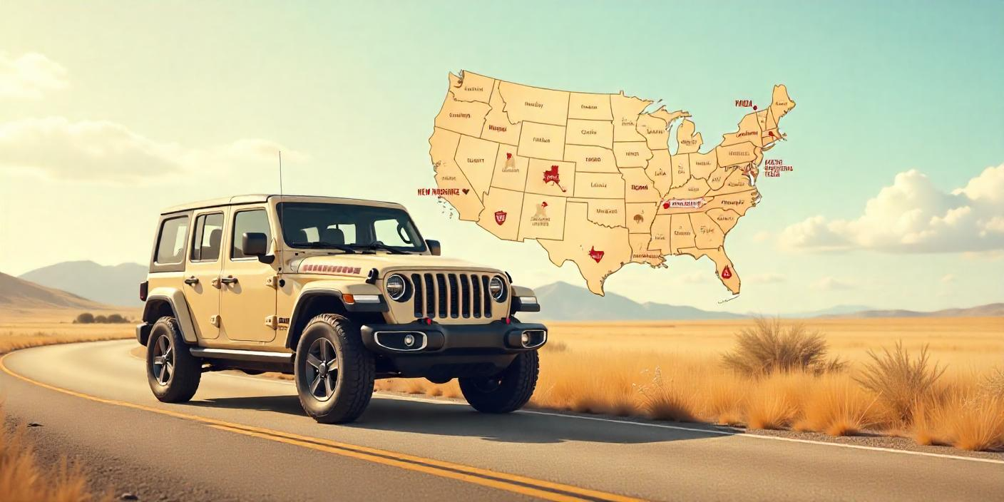 a realistic digital illustration featuring a rugged Jeep parked on a sunlit, open road.