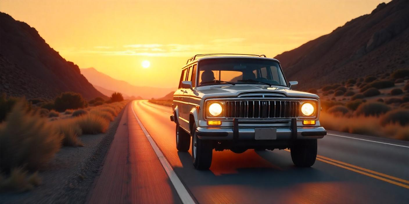 an ultra-realistic digital illustration of a Jeep Wagoneer driving on a modern highway