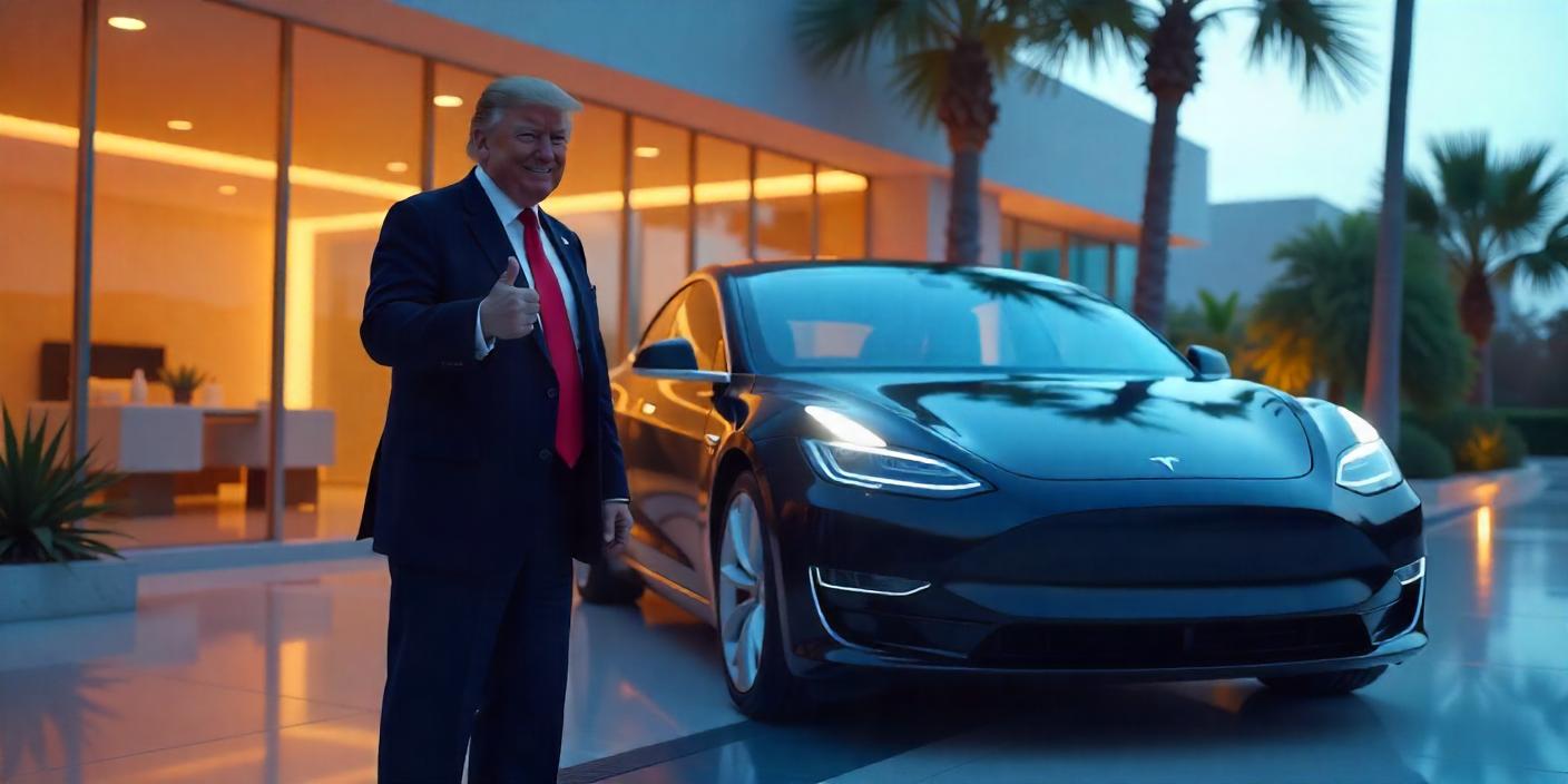 a realistic digital illustration of former President Donald Trump standing next to a brand-new Tesla
